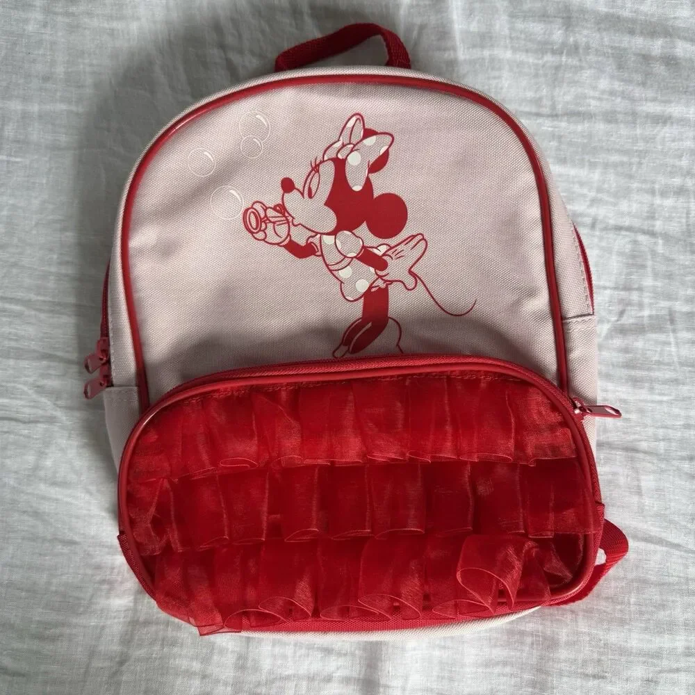 Disney Minnie Mouse Girls Pink/Red Backpack Zip Ruffle Pocket Adjustable